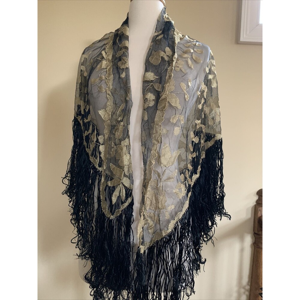 Tulle Lace Mantilla Black Gold Fringes Embroidery Triangle Large Vintage